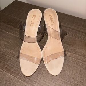 SCHUTZ Ariella Transparent Nude Leather High Heel Slip On Sandals. Size 8
